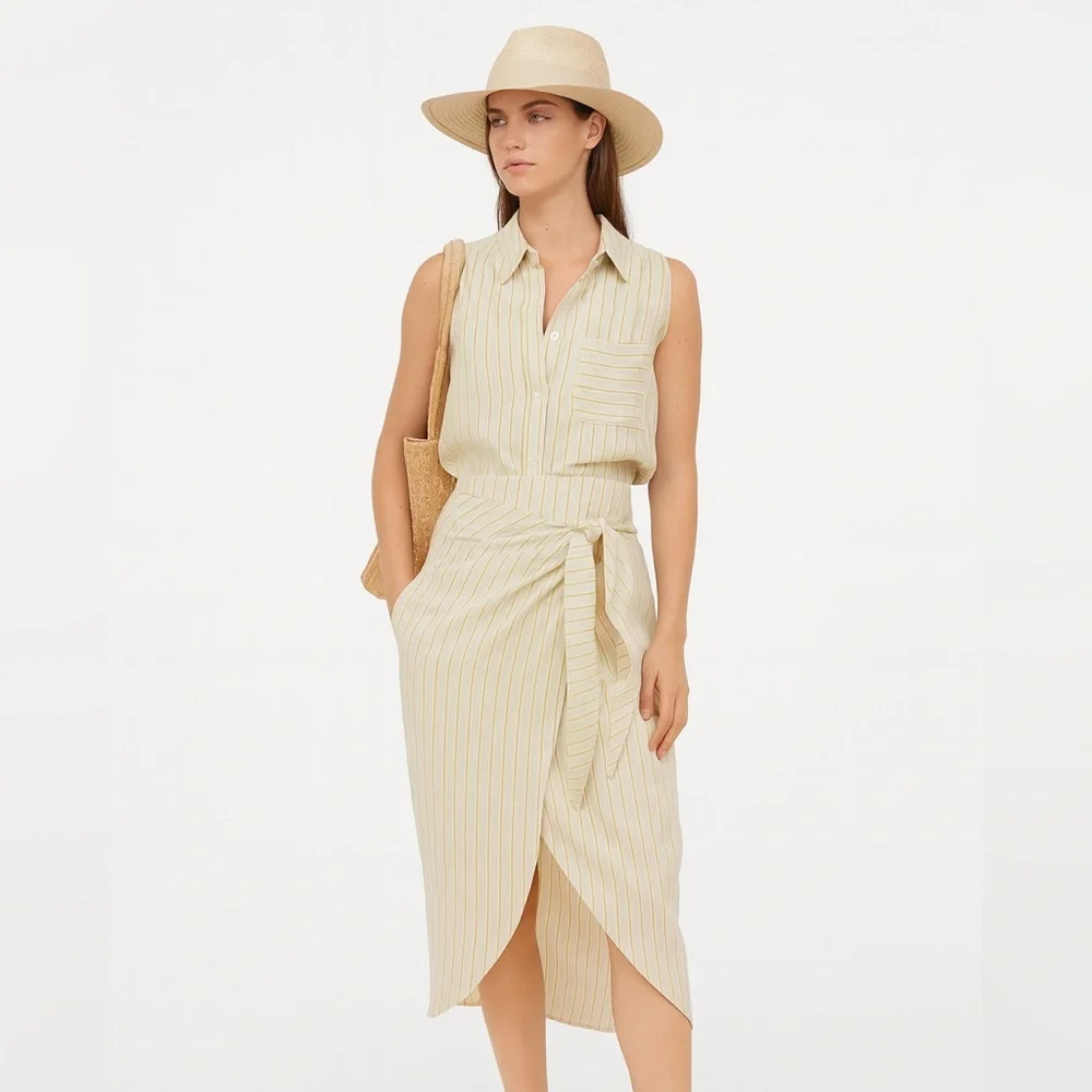 MNG Mango Suit Linen Wrap Midi Skirt White Green Stripe Size XS